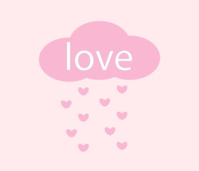 Wall Mural - love text in a pink cloud with pink hearts on a pink background