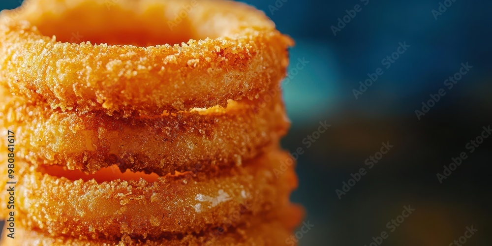 Onion Rings Texture Close-up of golden crispy onion rings stacked, showcasing texture and ...