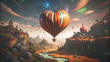 Wall Mural - Heart-Shaped Hot Air Balloon Over a Fantasy Landscape