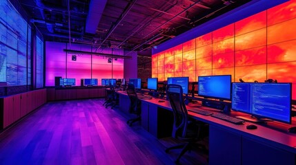 Modern Office Interior with Neon Lights and Multiple Screens