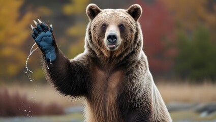 a brown bear stands in the water and waves with one paw