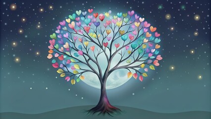 Wall Mural - Colorful Heart-Shaped Leaves Tree Under a Full Moon at Night