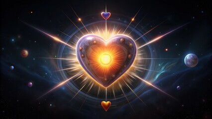 Wall Mural - A Heart-Shaped Galaxy with a Glowing Core Surrounded by Planets and Stars