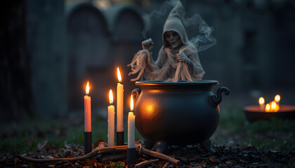 witch cauldron with burning candles outdoor, abstract natural evening background. magic ritual, witchcraft. esoteric spiritual practice. fairytale, mystery atmosphere isolated with white highlights,