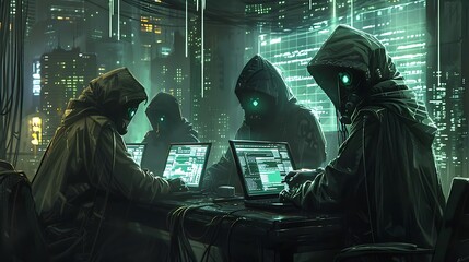 A group of hooded figures working on laptops in a futuristic, cyberpunk setting.