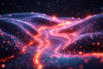 Sticker - futuristic 3d render of data streams flowing through abstract digital landscape glowing neon lines form intricate patterns against deep space background hightech cyberpunk aesthetic