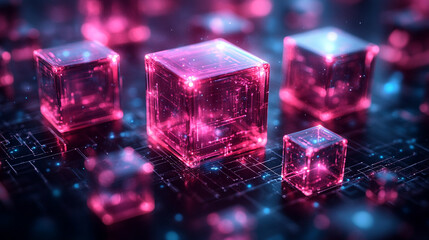 Futuristic abstract scene featuring glowing pink cubes in a digital environment, showcasing depth and vibrant technology.