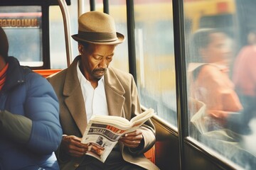 Poster - Motion blur old african american reading a book in bus adult architecture newspaper.