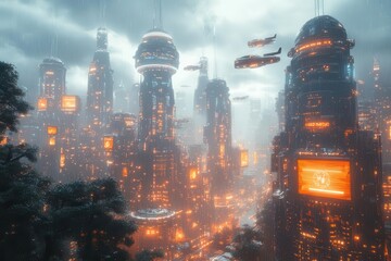 futuristic cityscape with towering skyscrapers flying vehicles zooming between buildings holographic billboards dramatic lighting