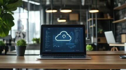 Cloud technology and security concept on modern laptop