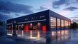 © VICHIZH - Modern industrial building exterior at dusk with red accents, large glass windows, and a reflective wet surface, surrounded by a cloudy sky