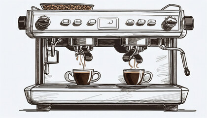 Illustrative depiction of a professional coffee machine in a drawn style on a white background