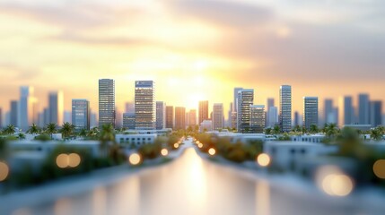 Poster - Cityscape at Sunset with Blurry Foreground.