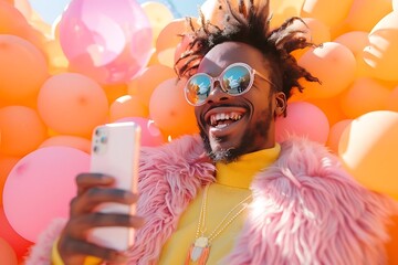 A joyful person in stylish attire surrounded by colorful balloons, enjoying a moment.