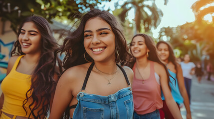 Wall Mural - A group of beautiful young Hispanic women walking together outdoors. Candid photo of young adults having fun