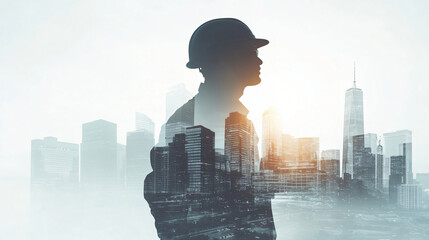 Poster - Architect in hard hat silhouette against city skyline, representing urban planning and progress