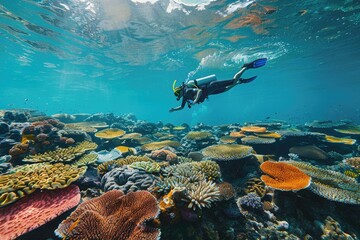 Scuba Diver Exploring Coral Reef with Majestic Lionfish