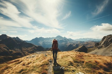 Sticker - Woman hiking in the mountains adventure photography wilderness.