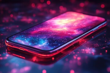 futuristic smartphone mockup floating in abstract digital space sleek design holographic ui vibrant techinspired colors