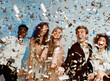 © Prostock-studio - Party People. Happy Friends Having Fun Partying Enjoying Falling Confetti Celebrating New Year Indoor
