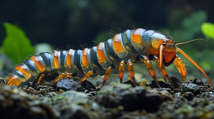 Wall Mural - A brightly colored centipede with orange and blue bands crawls over rocks and foliage in a close-up view.