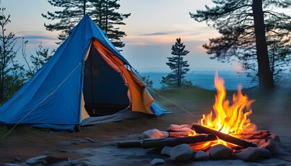 Cozy campsite featuring a blue tent and a warm campfire glowing at dusk