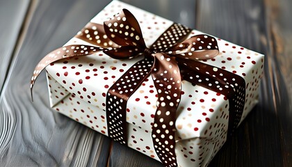 Sticker - Charming gift box adorned with brown ribbon and playful polka dot wrapping paper