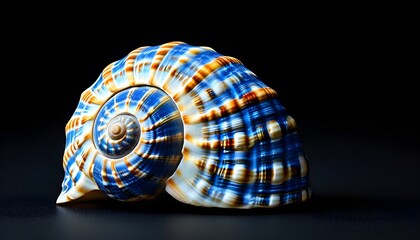 Intricate Blue and White Seashell on Black Background