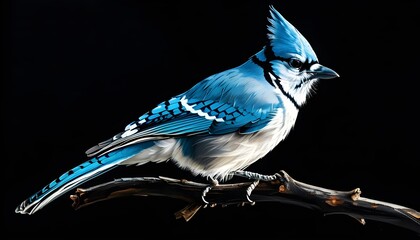 Wall Mural - Vibrant blue jay showcasing striking blue crest and wings, gracefully perched on branch against a dramatic black backdrop