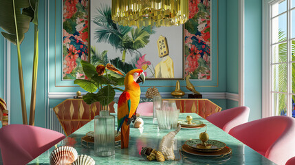 Wall Mural - A dining room with turquoise walls, pink chairs and tropical decor, the table is set for dinner, colorful parrots on top of it, seashells scattered around