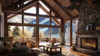 © Tacca Terra - Cozy mountain cabin interior with stone fireplace for virtual meeting backgrounds