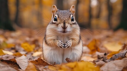 Wall Mural - A cute chipmunk sits in a bed of autumn leaves, looking directly at the camera.