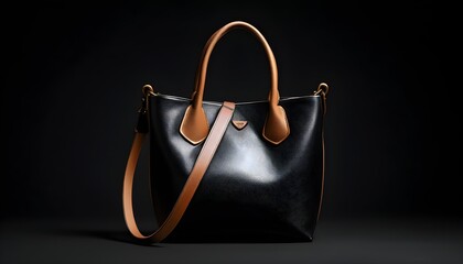 Elegant black leather tote bag with contrasting brown straps on a sleek black backdrop