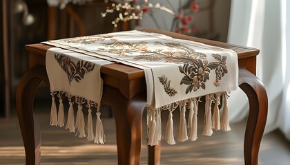 Elegant beige table runner adorned with intricate floral patterns and decorative tassels on a rustic wooden table