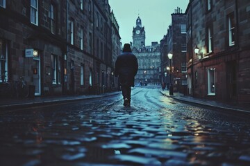 Wall Mural - Scott man walking in the EDINBURGH street alley city.