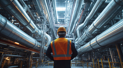Aufkleber - Industrial engineer is overseeing operations in a modern factory with complex piping systems
