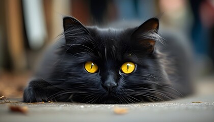 Fluffy black cat with striking yellow eyes gazes curiously at the viewer.