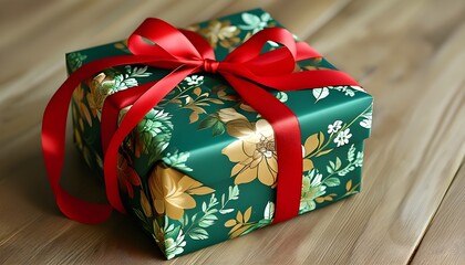 Wall Mural - Elegant gift box adorned with a red ribbon and bow, showcasing a luxurious green and gold floral pattern