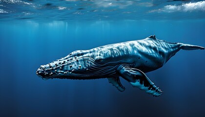 Wall Mural - Graceful blue whale gliding through the depths of the expansive ocean