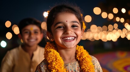 Wall Mural - Young brother and sister laughing while celebrating Bhai Dooj, surrounded by festive lights, marigold garlands, and a colorful rangoli 