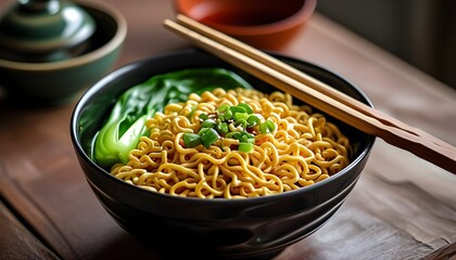 Delicious bowl of noodles with chopsticks showcasing the essence of Asian cuisine and culinary delights