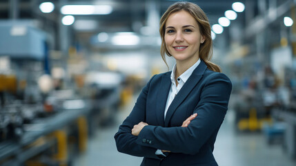 Aufkleber - Successful businesswoman overseeing production process in a factory setting, exuding confidence and professionalism in the manufacturing industry