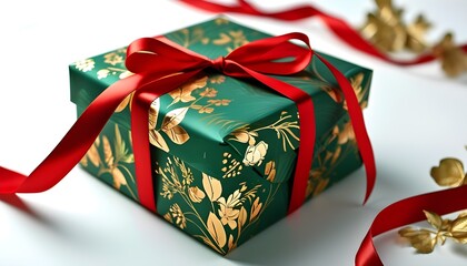 Wall Mural - Elegant gift box adorned with a red ribbon and bow, showcasing a luxurious green and gold floral pattern