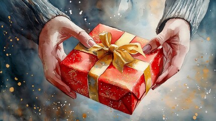 Red Gift Box With Golden Ribbon Watercolor