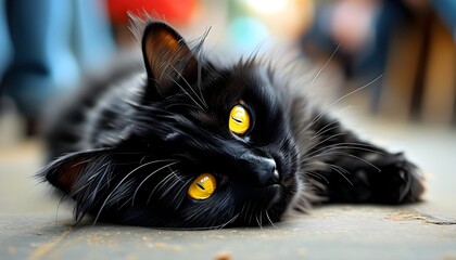 Wall Mural - Fluffy black cat with striking yellow eyes gazes curiously at the viewer.