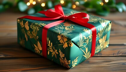 Poster - Elegant gift box adorned with a red ribbon and bow, showcasing a luxurious green and gold floral pattern