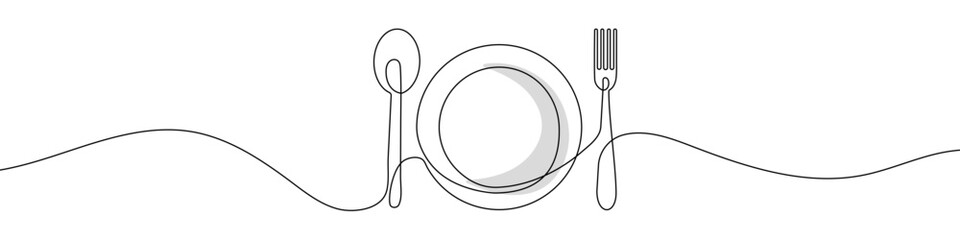 Wall Mural - continuous line drawing of plate with fork and spoon . single line drawing of a silhouette of a cutl