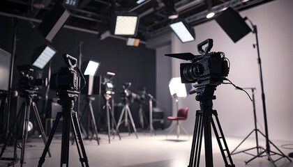 Cinematic scene of a image production studio with professional cameras and lighting equipment isolated with white highlights, png