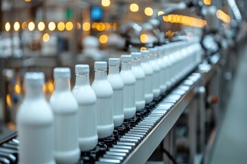 Wall Mural - hightech milk bottling facility with robotic arms and conveyor belts gleaming stainless steel equipment processes milk bottles efficiently clean sterile environment