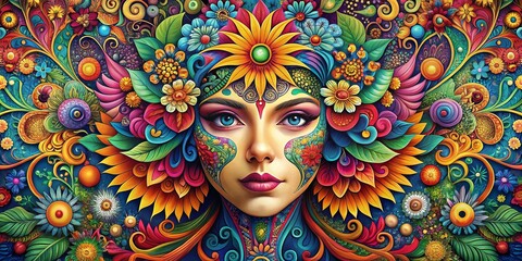 Wall Mural - vibrant floral patterns swirl around a stylized, face-shaped canvas, showcasing a kaleidoscope of co